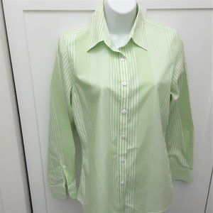 FOXCROFT Women's Blouse Classic Striped Non-Iron Green and White Size 4 NWOT